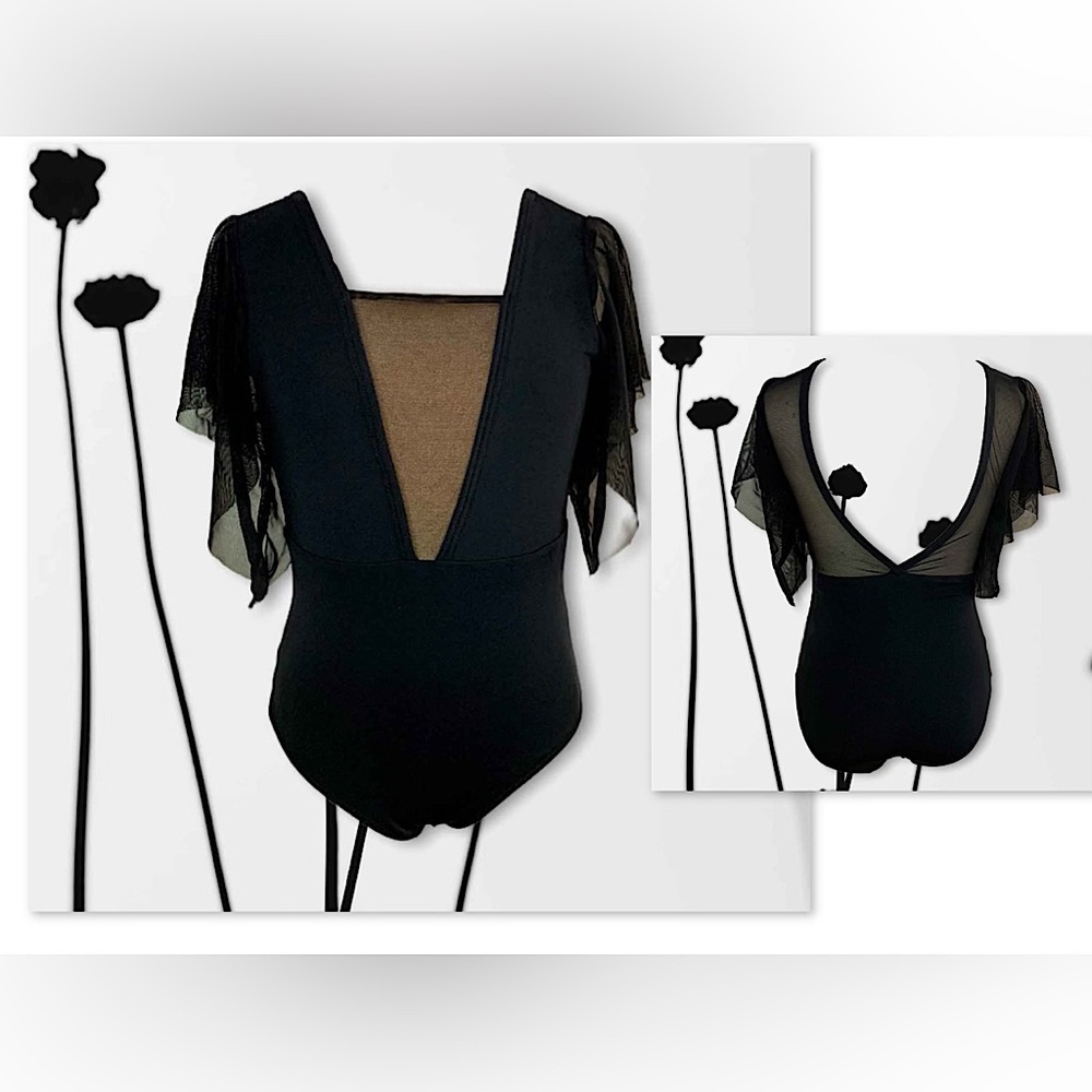 ◾️〰️OPRA Dance Wear Elegant Black Sofi Leotard with Mesh Ruffle Sleeves, NWT
